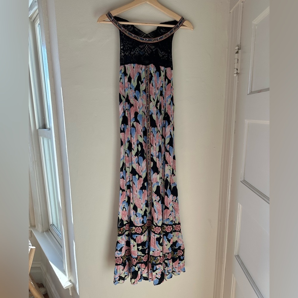 Free People Floral Maxi Embroidered Dress Halter Crochet Laced Large